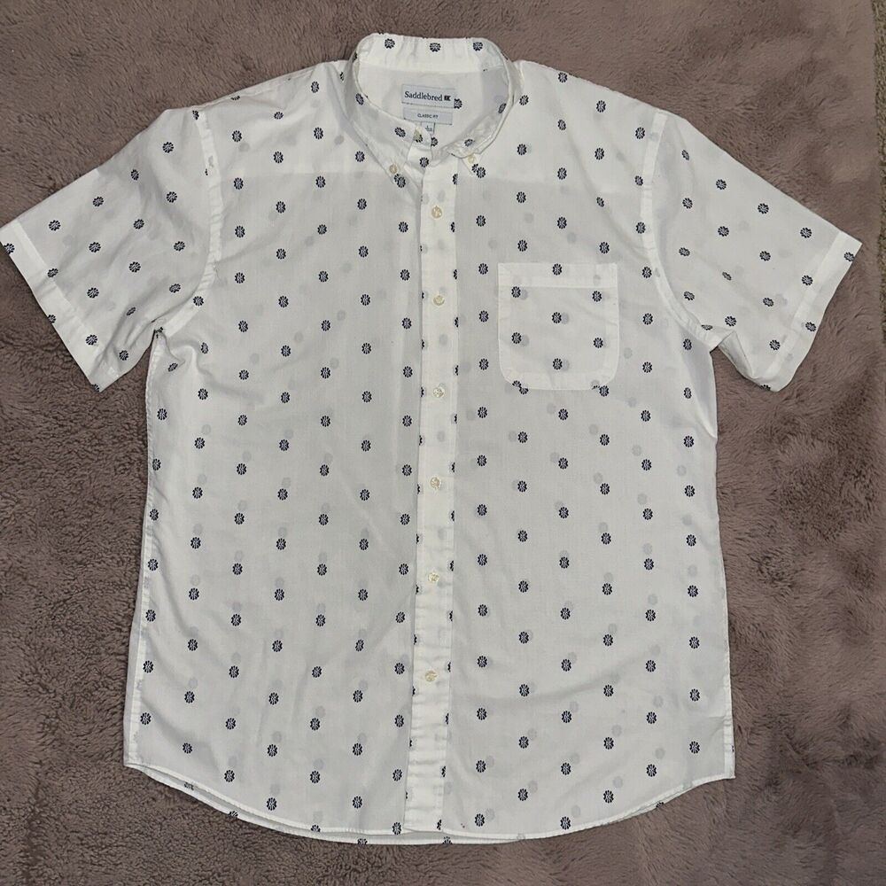 Saddlebred Men's White With Blue Cotton Short-Sleeve Collared Shirt Size L